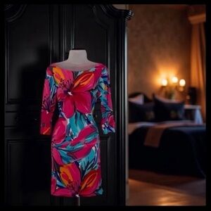 Colorful Bright Vivid Large Floral Print Boatneck Dress Turquoise Pink Work